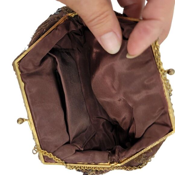 Vtg 50's Baguette Mini Framed Brown Gold Metallic Floral Embroidered Sequin - Picture 5 of 10